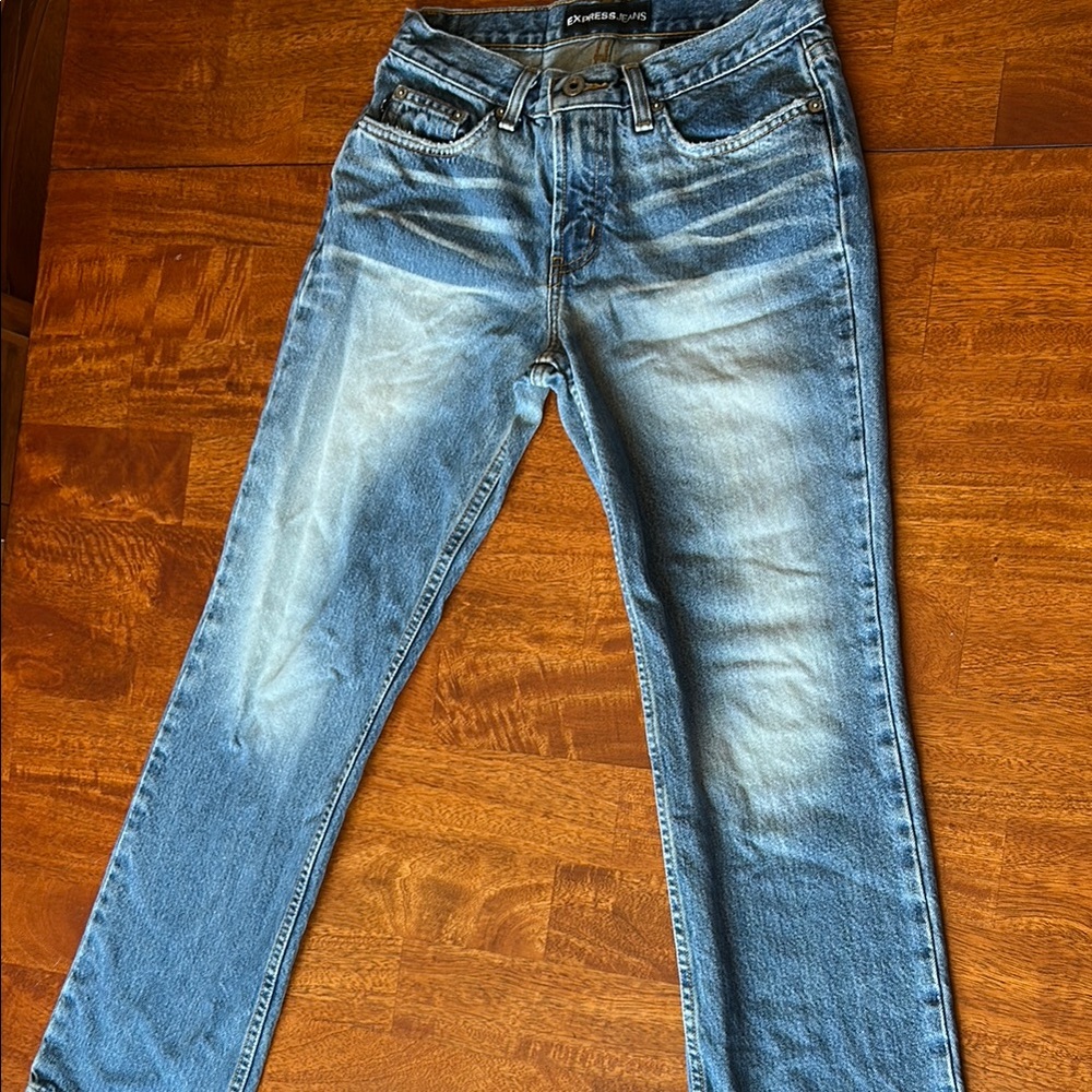 Express Blue Boot Cut Jeans with Vintage Wash